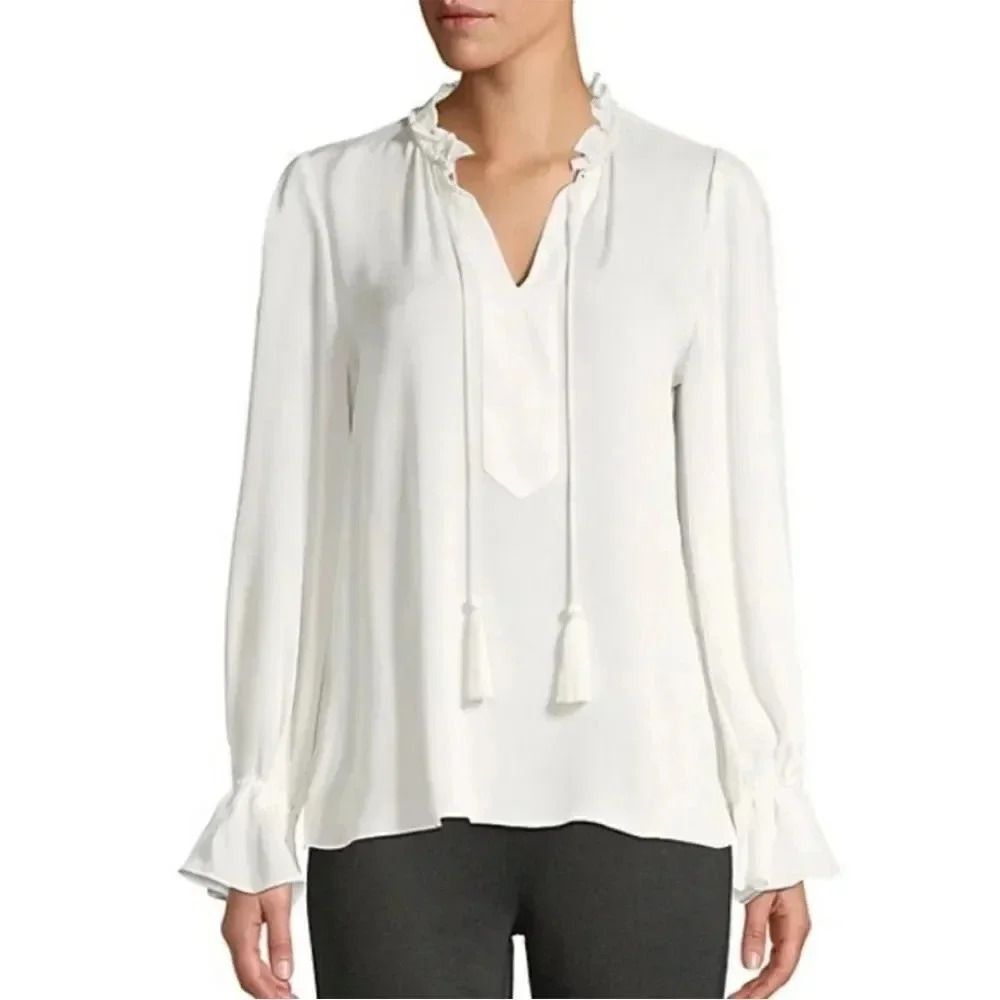 NWT $328 Kobi Halperin White Silk Tie Front Long Sleeve Blouse Large Cuffs XS